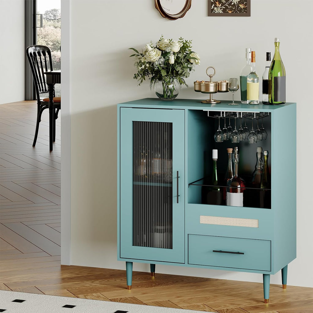 GarveeHome Modern Wine Bar Cabinet with Wine Glass Rack, Glass Door Display and Drawers, Coffee Bar & Liquor Cabinet with Storage, Buffet Sideboard Table for Home, Kitchen, Dining Room, Living Room