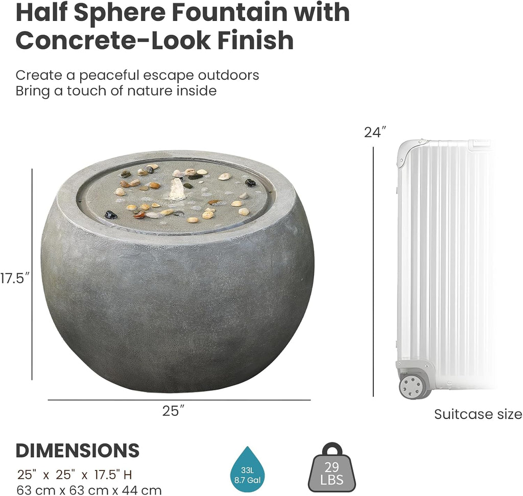 Tankana Garden Water Fountain Outdoor Large Round Bubbler Water Feature Indoor with Lights & Pump and Pebbles Concrete Effect for Patio Pool Pond Yard Home Decor Gray, 25 'L X 25' W X 17.5' H