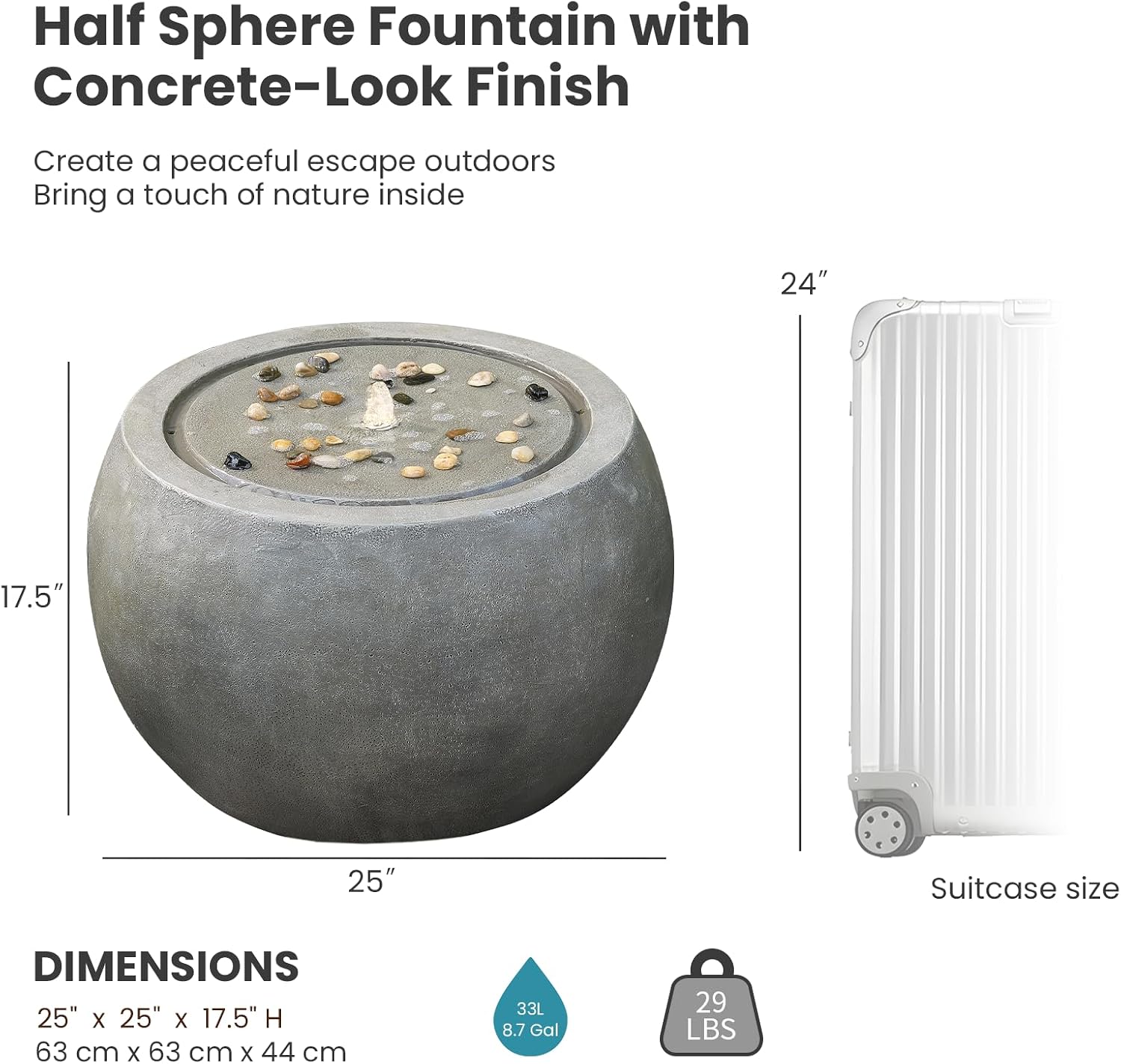 Tankana Garden Water Fountain Outdoor Large Round Bubbler Water Feature Indoor with Lights & Pump and Pebbles Concrete Effect for Patio Pool Pond Yard Home Decor Gray, 25 'L X 25' W X 17.5' H