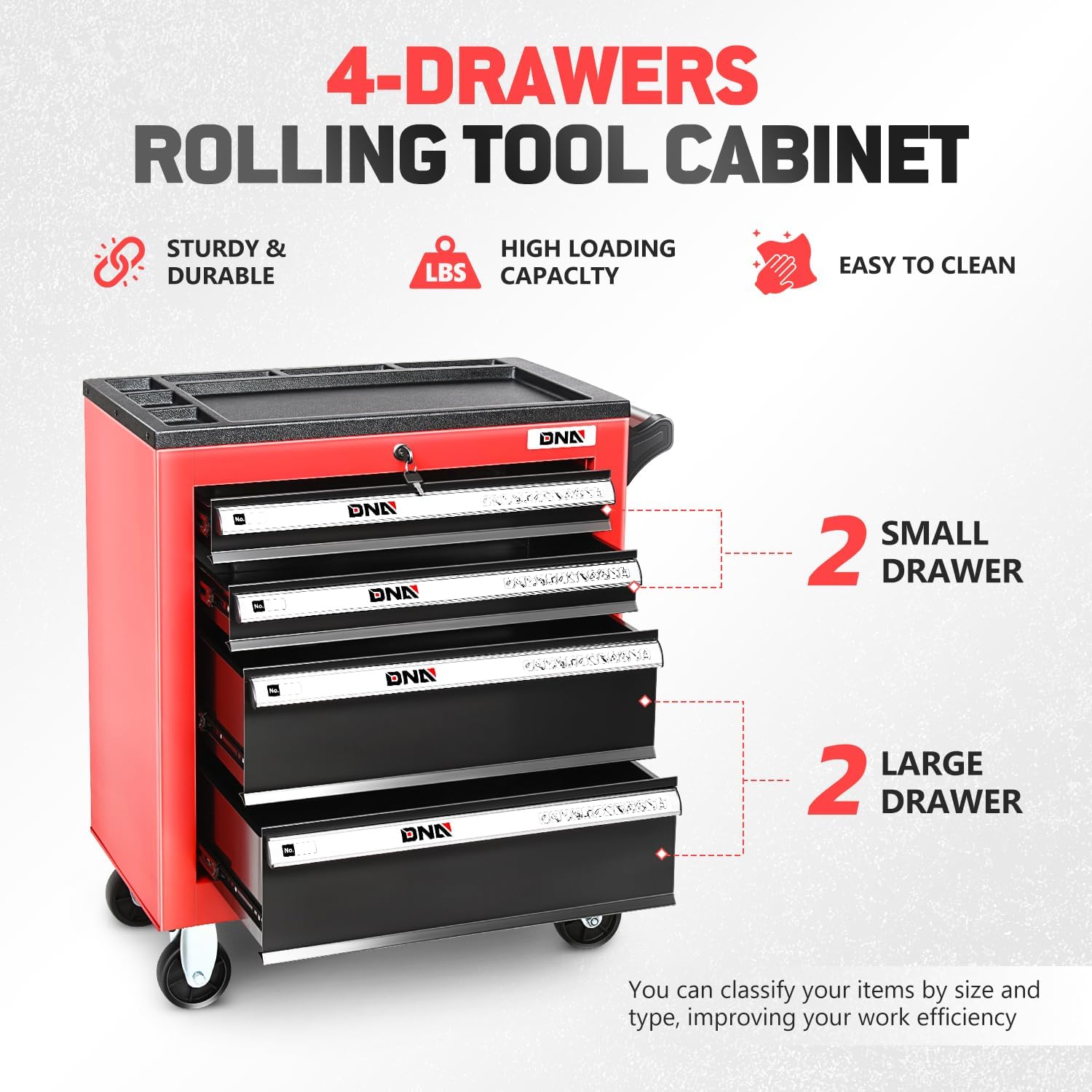 DNA Motoring 4-Drawer Rolling Tools Chest, Rolling Tool Storage Cabinet, Heavy Duty Mechanic Tool Cart, Trolley Organizer for Garage, Warehouse, Workshop, Red, TOOLS-00401