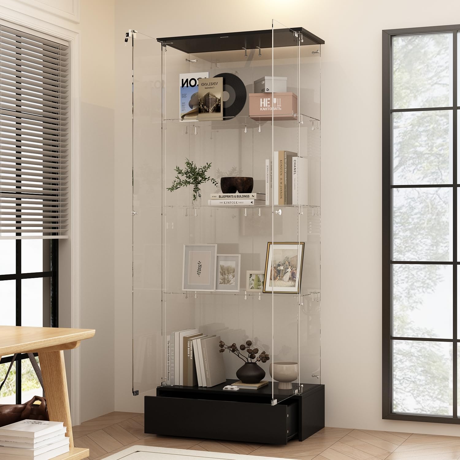 WOODTIME 4-Tier Glass Display Cabinet with Lockable Doors and Drawer, Modern Curio Cabinets Bookshelf with Glass Shelves for Living Room Home Office, Black