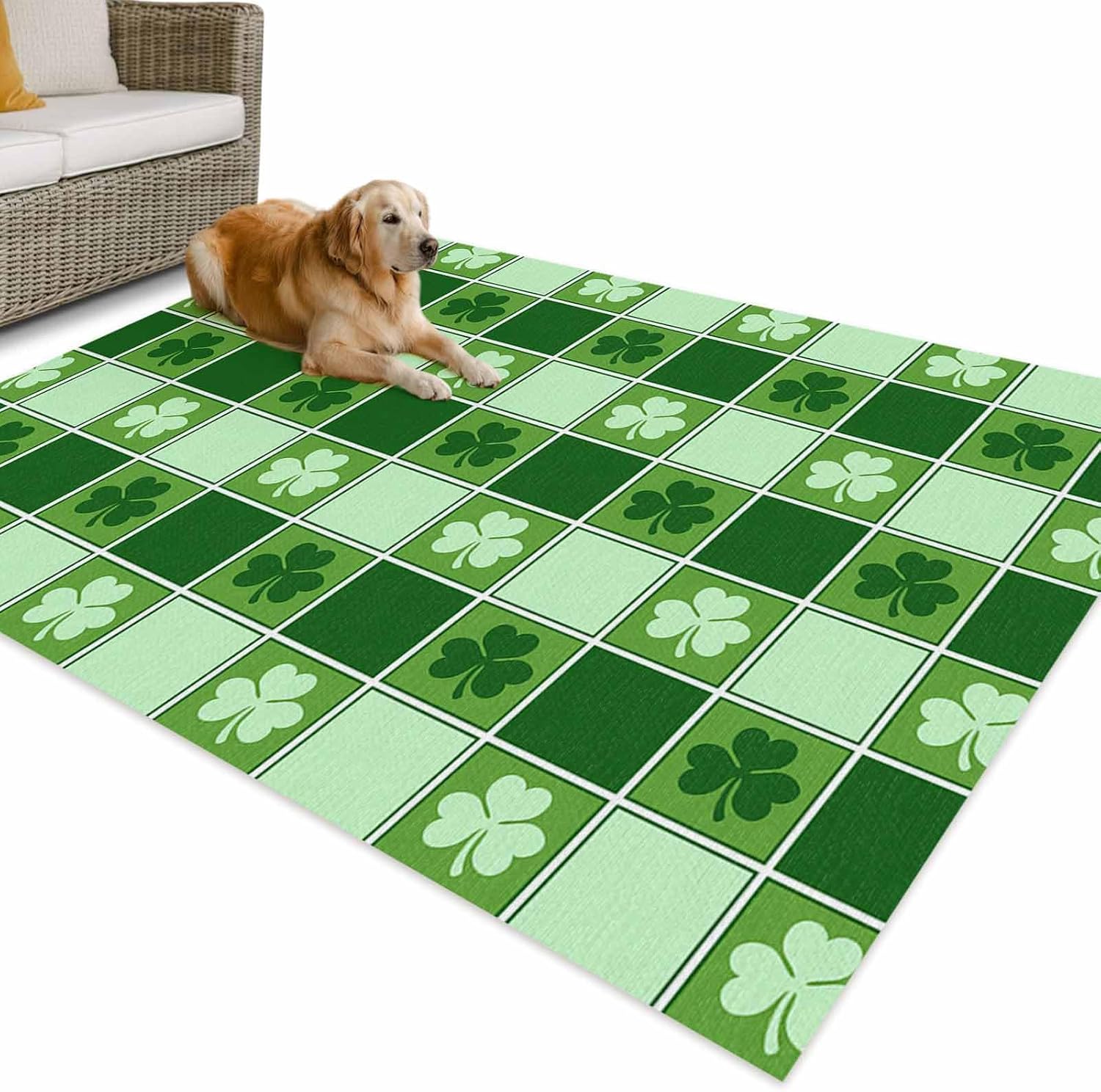 Outdoor Rug 4x6ft St. Patrick's Day Geometric Plaid Shamrocks Leaf Patio Area Rugs Waterproof Easy Cleaning Non Shedding Thick Mats Green Carpet for Indoor Outdoor Porch Deck Backyard Balcony
