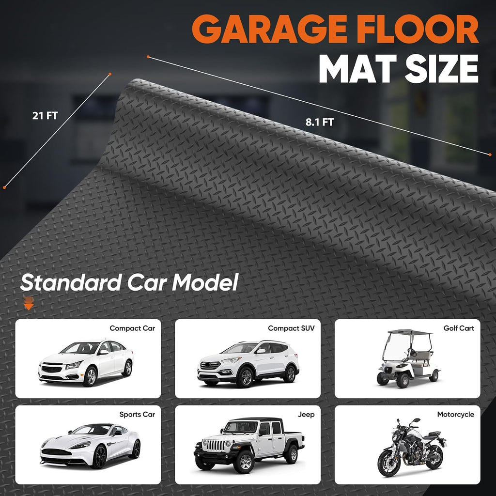 FAHKNS 8.1x21 FT Garage Floor Mat, Diamond Plate PVC Flooring Roll 2.8mm Thickened Garage Mats for Under Car, 170 SQFT Heavy Duty Non-Slip Rubber Floor Parking Mat for Trailer SUV Basement Gym (Black)