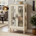 44' Small Lighted Glass Accent Curio Cabinet, Vintage China Cage with 2 Tempered Glass Doors & Adjustable Shelves, Acrylic Pane, Elegant Wine Artwork Showcase Rack for Living Room (Antique White)