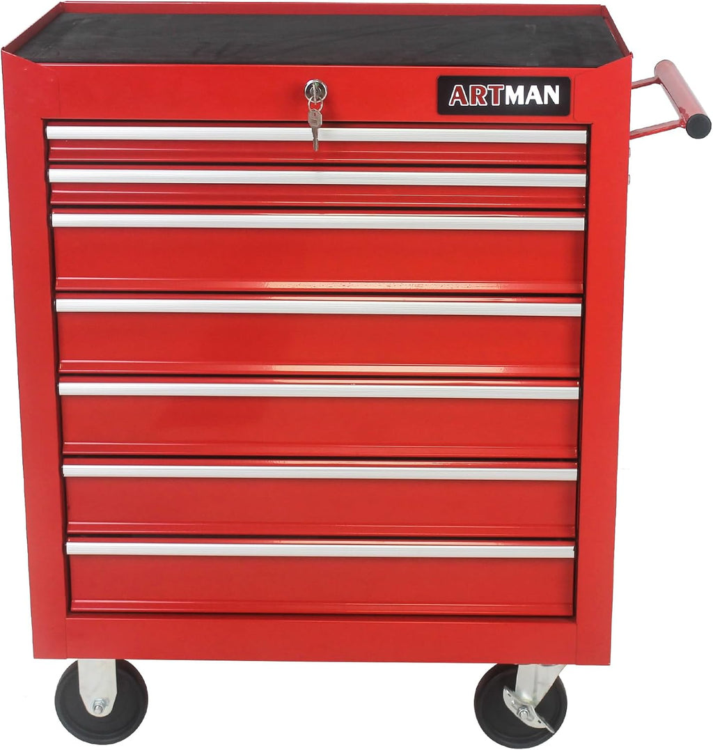 Rolling Tool Cabinet with 7 Drawers, Heavy Duty Steel Tool Cart on Wheels, Lockable Garage Tool Storage Cabinet, 300 lb Capacity, Ball-Bearing Slides, Powder-Coated Finish, Red