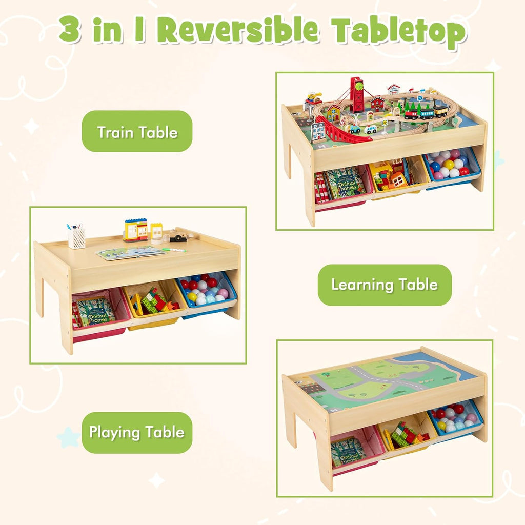 INFANS Train Table with Storage, 94 Pieces Wooden Kids Activity Toy Table Playset with 3 Foldable Boxes Reversible Detachable Tabletop, Tracks, Train, Railway, Gift for Toddler Boys Girls Ages 3+
