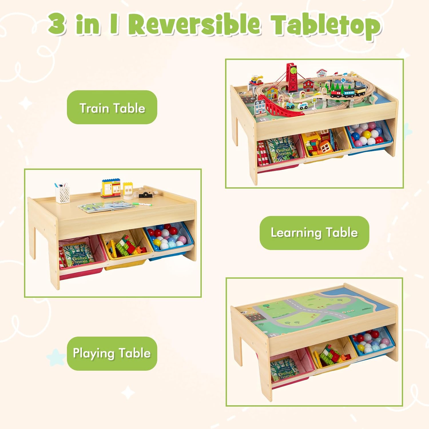 INFANS Train Table with Storage, 94 Pieces Wooden Kids Activity Toy Table Playset with 3 Foldable Boxes Reversible Detachable Tabletop, Tracks, Train, Railway, Gift for Toddler Boys Girls Ages 3+