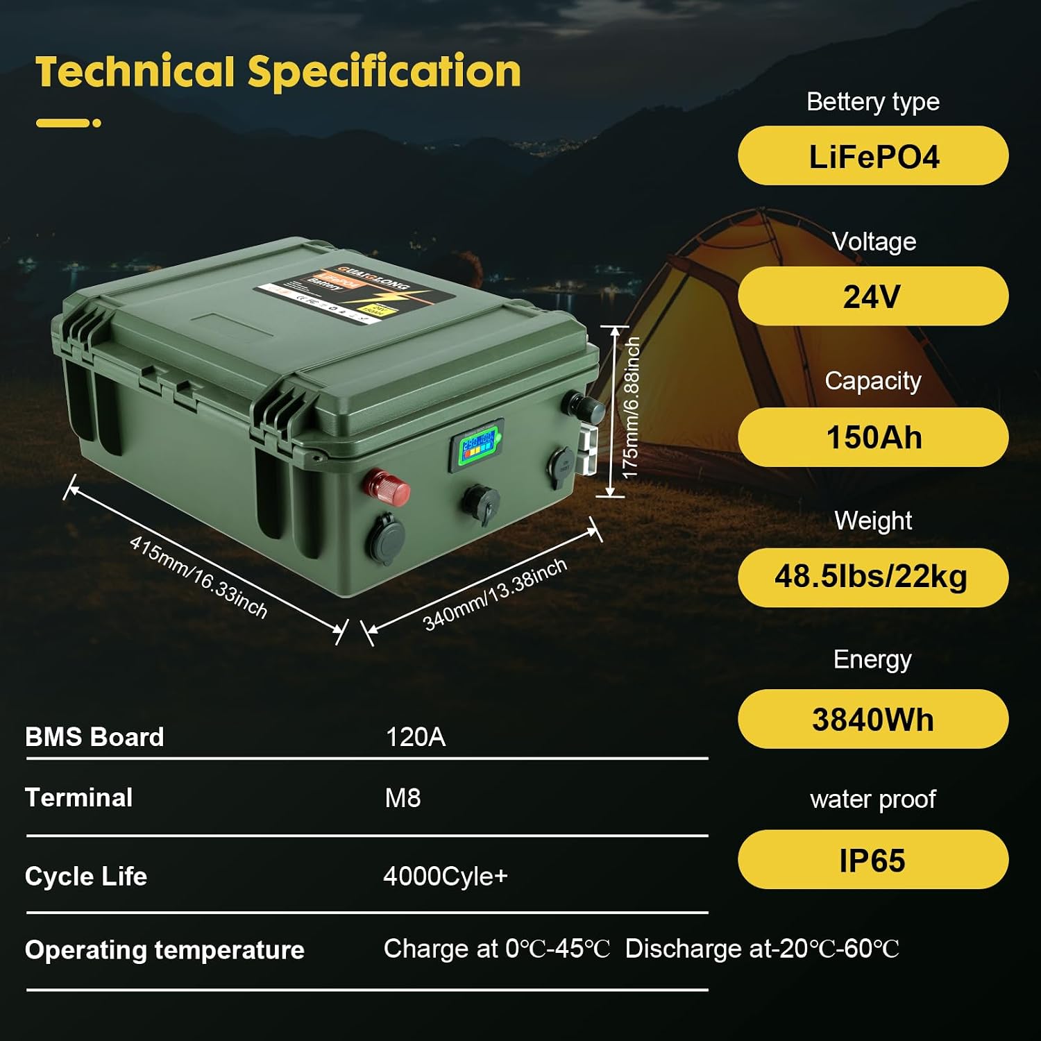 24V 150Ah LiFePO4 Battery,Lithium Batteries with Upgraded 120A BMS,4000+ Rechargeable Deep Cycle,Max.3072W Load Power,Perfect for RV,Boat,Trolling Motor,Golf Trolley,Solar,Marine,Camper