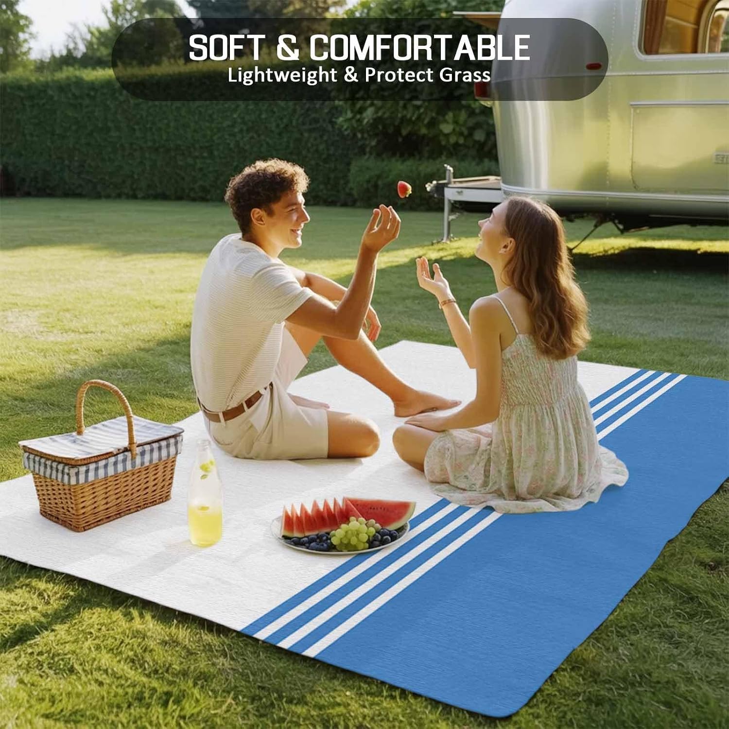 Outdoor Rug 4x6ft Farmhouse Classic Geometric Blue Stripes Patio Area Rugs Waterproof Easy Cleaning Non Shedding Thick Mats White Carpet for Indoor Outdoor Porch Deck Backyard Balcony