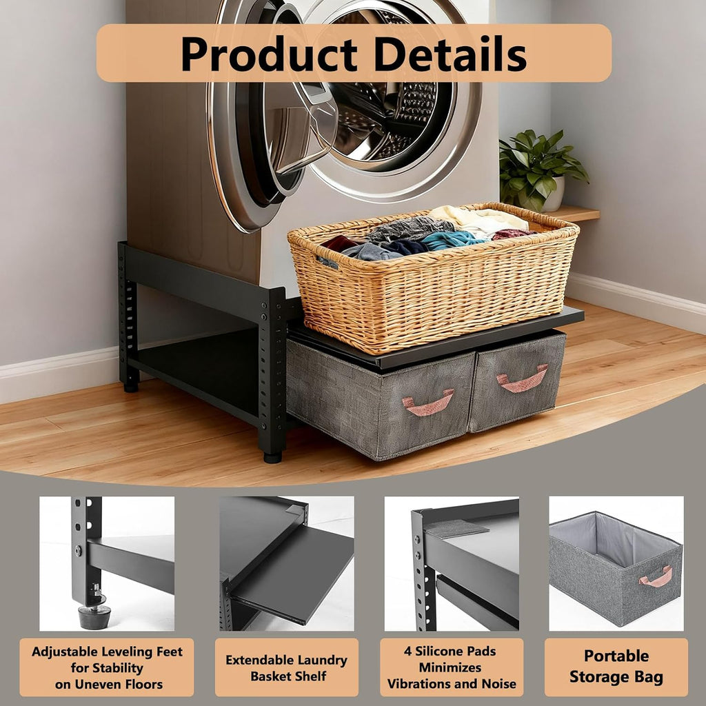 Washer and Dryer Pedestals, 28x28x16inch Universal Washing Machine Stand with Laundry Basket Shelf, Portable Storage Bag, Adjustable Feet and 4 Silicone Pads, 800LBS Capacity