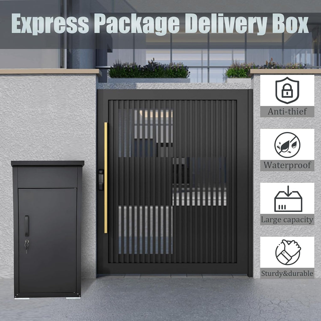 Package Delivery Box for Outside, Large Parcel Drop Box with Top Drop Chute for Packages, Anti-Theft Lockable Package Mailbox with Drop Slot for Mails & Home Porch Use 34'×16'×17'