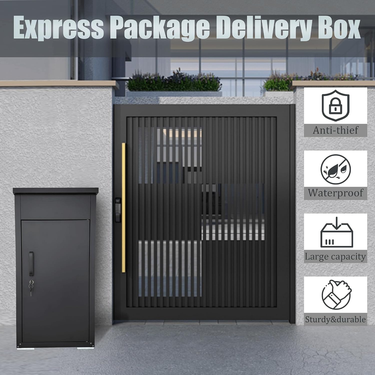 Package Delivery Box for Outside, Large Parcel Drop Box with Top Drop Chute for Packages, Anti-Theft Lockable Package Mailbox with Drop Slot for Mails & Home Porch Use 34'×16'×17'