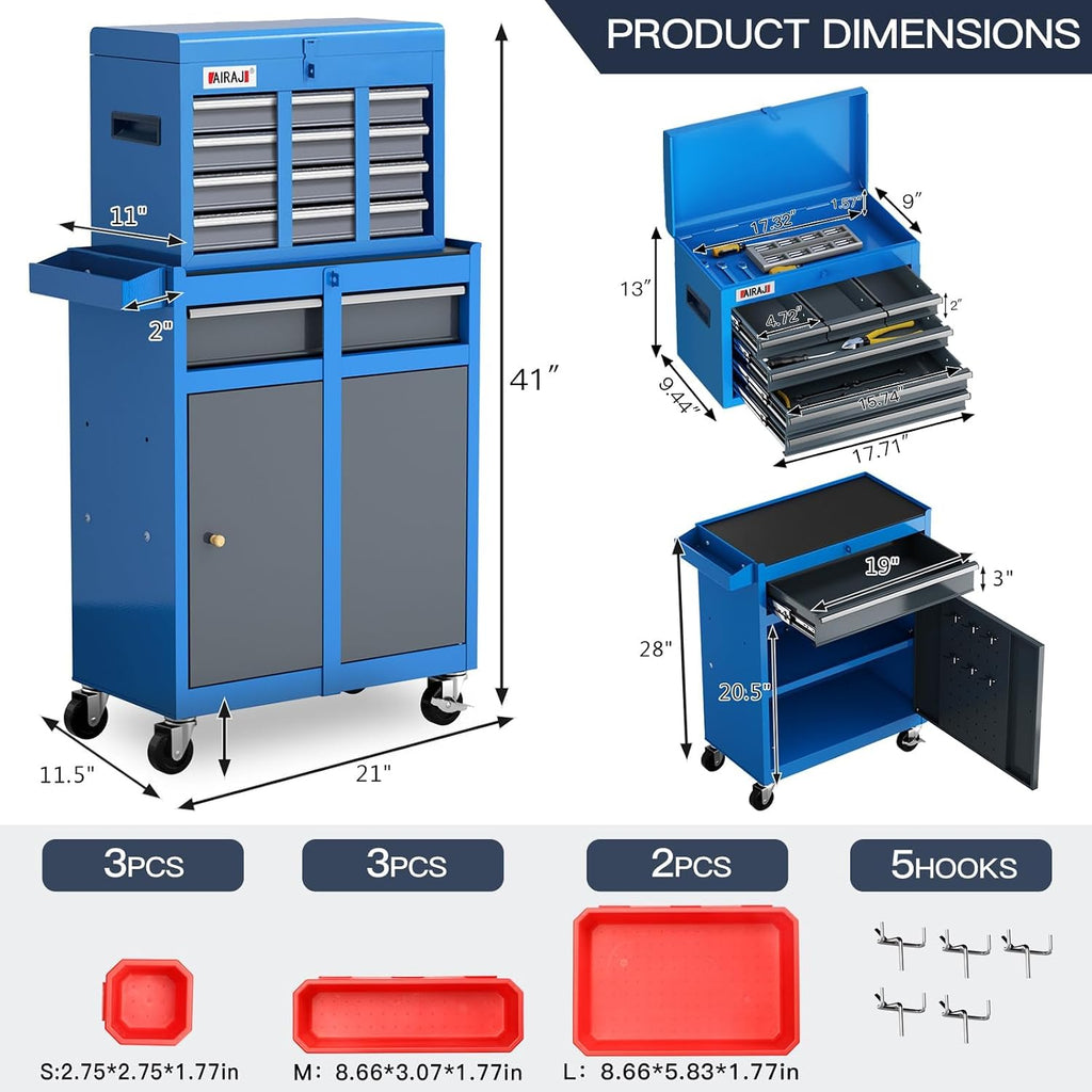 AIRAJ 7-Drawer Tool Chest with Wheels,41' Heavy Duty Rolling Tool Chest,Detachable Top Tool Box,Tool Cabinet with Liners,Hooks,Tray Divider,Rolling Tool Chest for Workshop,Warehouse