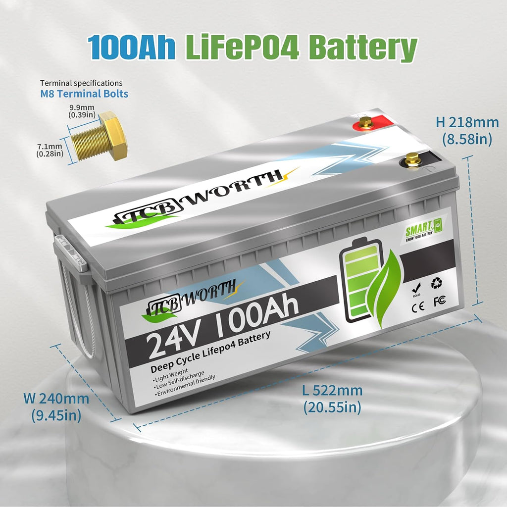 24V LiFePO4 Battery 100Ah, Rechargeabel Deep Cycle Lithium Batteries, 100A Bluetooth BMS with Low-Temp Protection, Perfect for RV, Solar, Boat, Marine, Trolling Motor