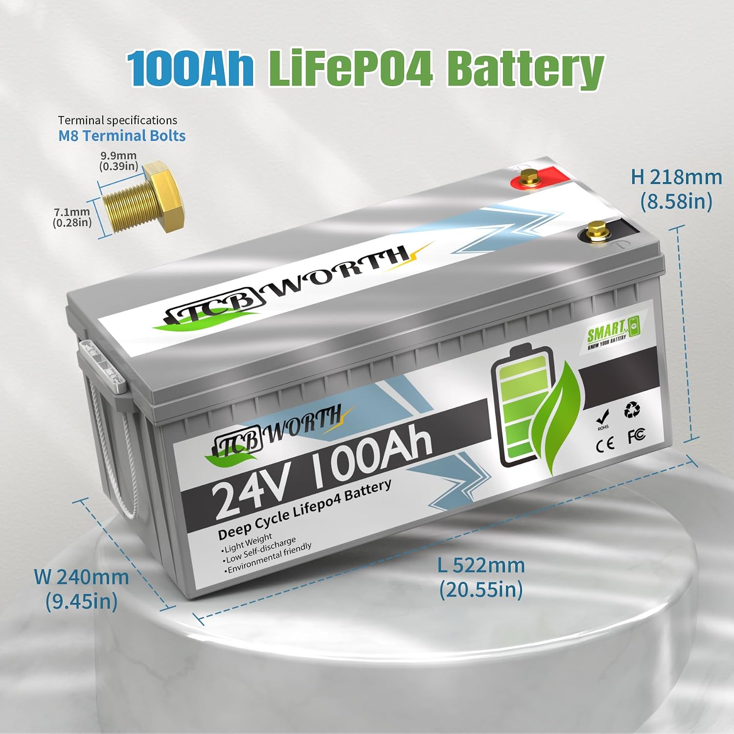 24V LiFePO4 Battery 100Ah, Rechargeabel Deep Cycle Lithium Batteries, 100A Bluetooth BMS with Low-Temp Protection, Perfect for RV, Solar, Boat, Marine, Trolling Motor