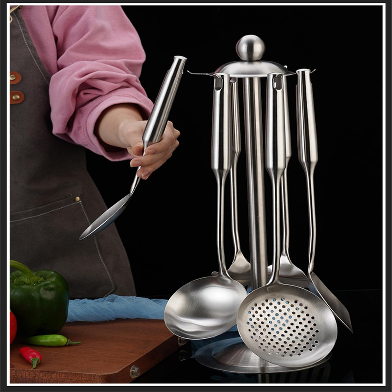 304 Stainless Steel Kitchen Utensils Set 7 Piece Stainless Steel Cooking Utensils Set with Utensil Holder Non Stick Non-Slip Heat-Resistant Handle BPA Free Dishwasher Safe
