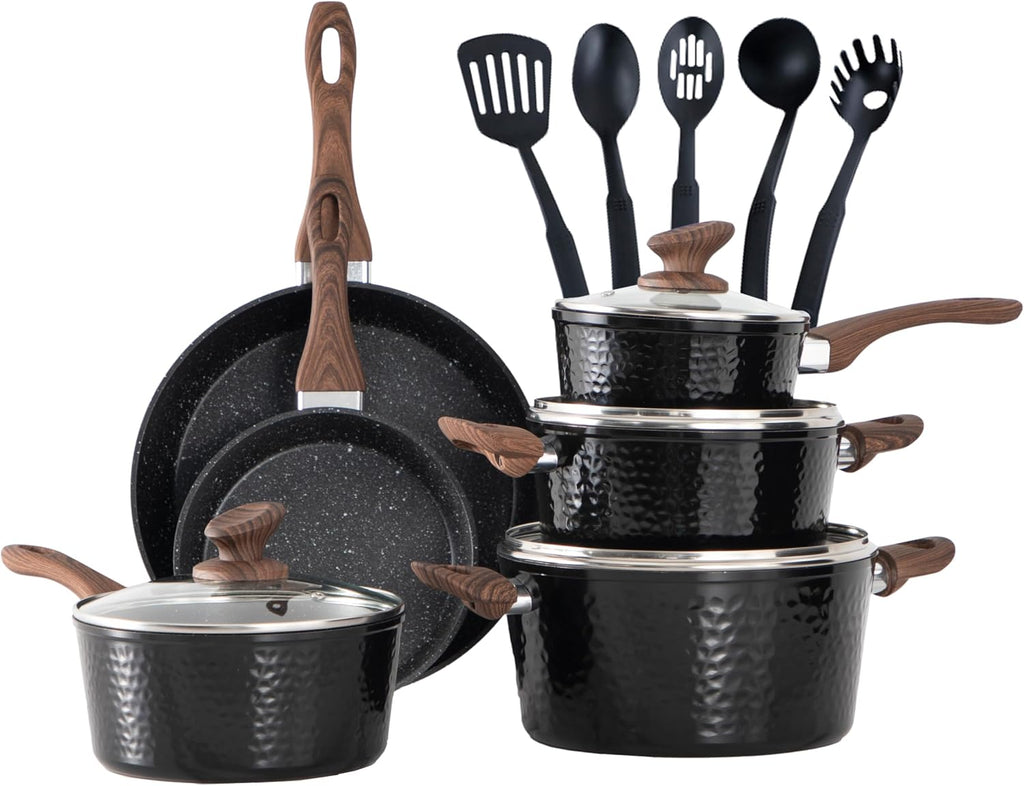 MAISON ARTS Pots and Pans Set Non Stick, 15 Pcs Non-Toxic Hammered Kitchen Cookware Sets, Black Granite Cooking Pot and Pan for Induction, Stovetop