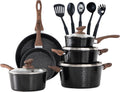 MAISON ARTS Pots and Pans Set Non Stick, 15 Pcs Non-Toxic Hammered Kitchen Cookware Sets, Black Granite Cooking Pot and Pan for Induction, Stovetop