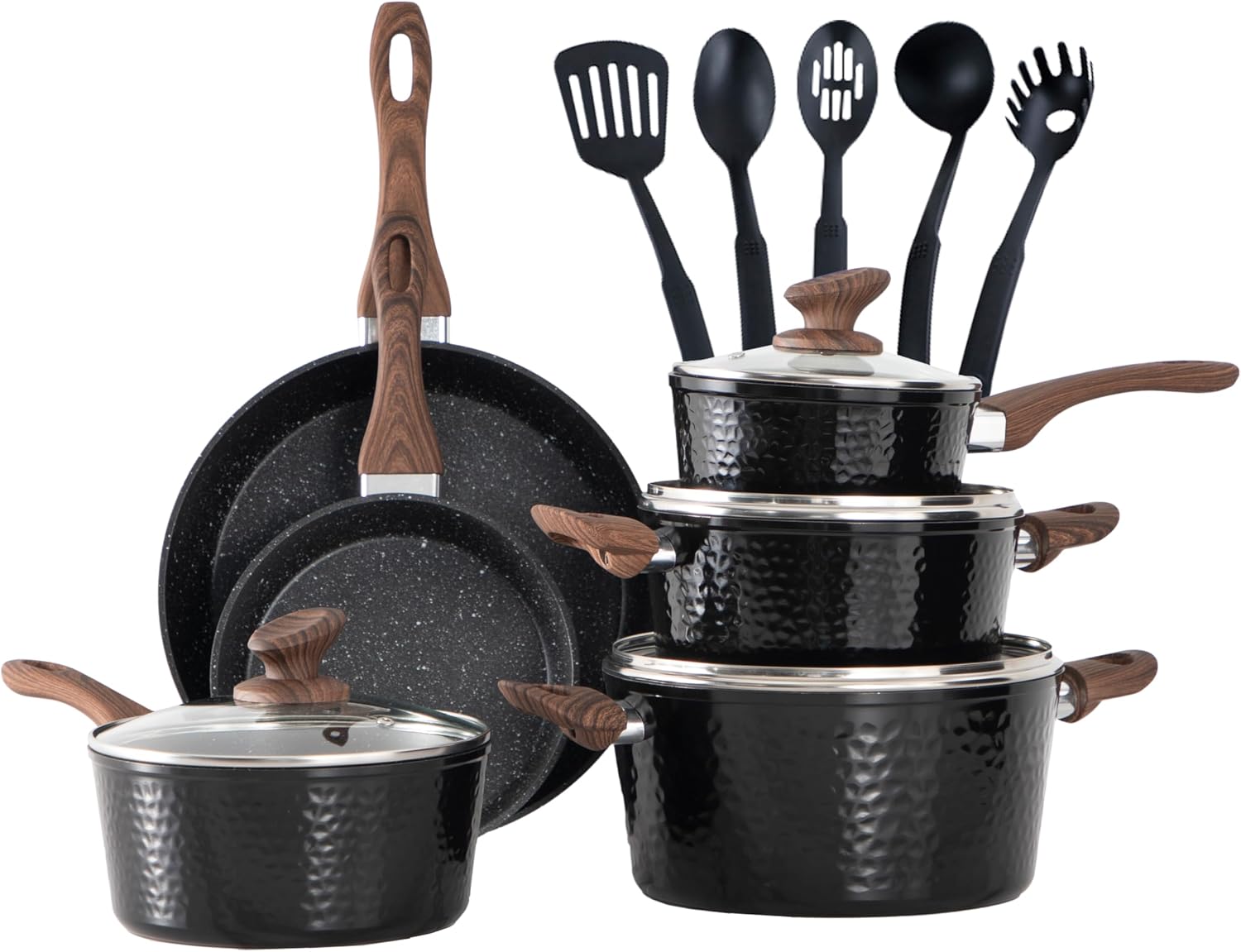 MAISON ARTS Pots and Pans Set Non Stick, 15 Pcs Non-Toxic Hammered Kitchen Cookware Sets, Black Granite Cooking Pot and Pan for Induction, Stovetop