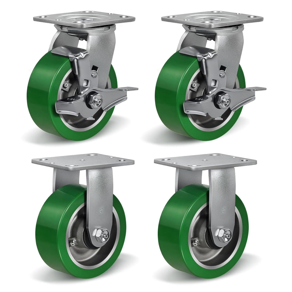 5x2 Heavy Duty Casters -Polyurethane on Aluminum Caster Wheel, Casters Set of 4 Heavy Duty with up to 4000LB Capacity- Widely Used in Tool Box,Workshop,Garage (2 Brake &2 Rigid)