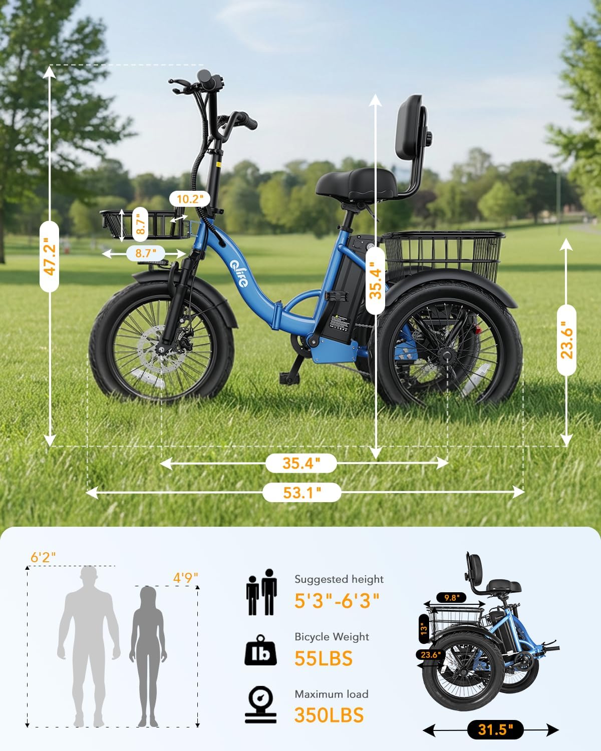 Qlife Triker Electric Bike, Peak 1200W Brushless Motor Folding Trike Ebike, 499Wh Removable Battery, Step-Thru 3 Wheel Electric Bicycle, Up to 55 Miles, 18 Tire Tricycle for Adults