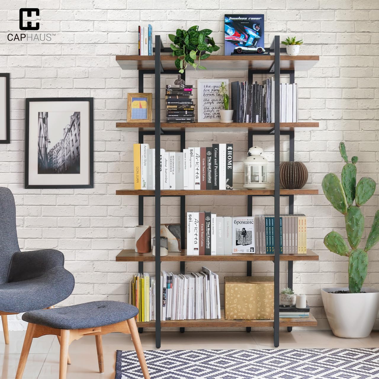 CAPHAUS 5-Tier Book Shelf, 71' H Vintage Industrial Bookcase with Open Display Shelving, Wooden and Metal Shelving Unit, Bookshelves and Bookcases, Stand Shelf for Bedroom, Home Office, Rustic Oak
