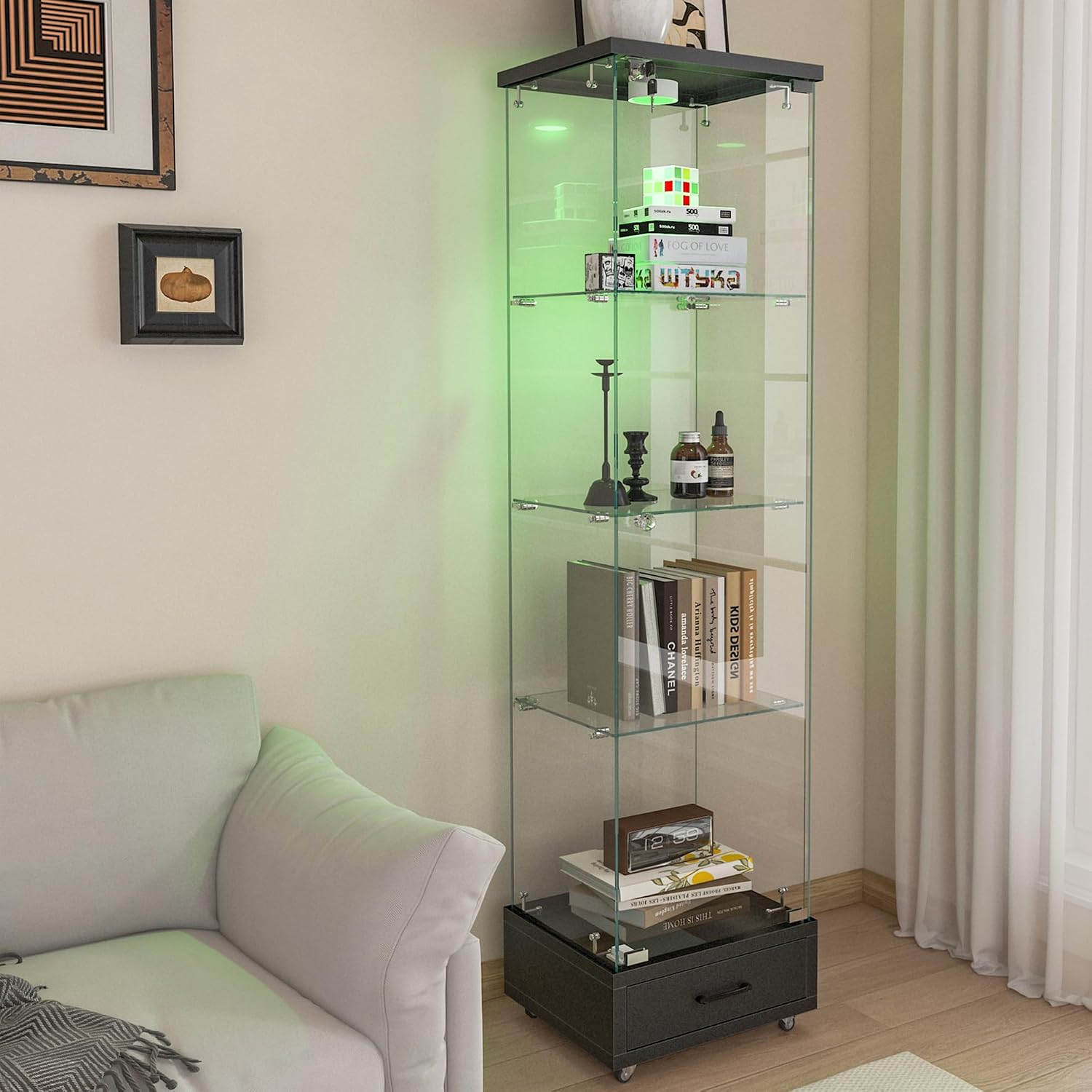 Modern Glass Display Cabinet with LED Light 4-Shelf Curio Cabinets with Storage Drawer and Wheels,Tempered Glass Display Shelf Bookcase for Living Room Home Office