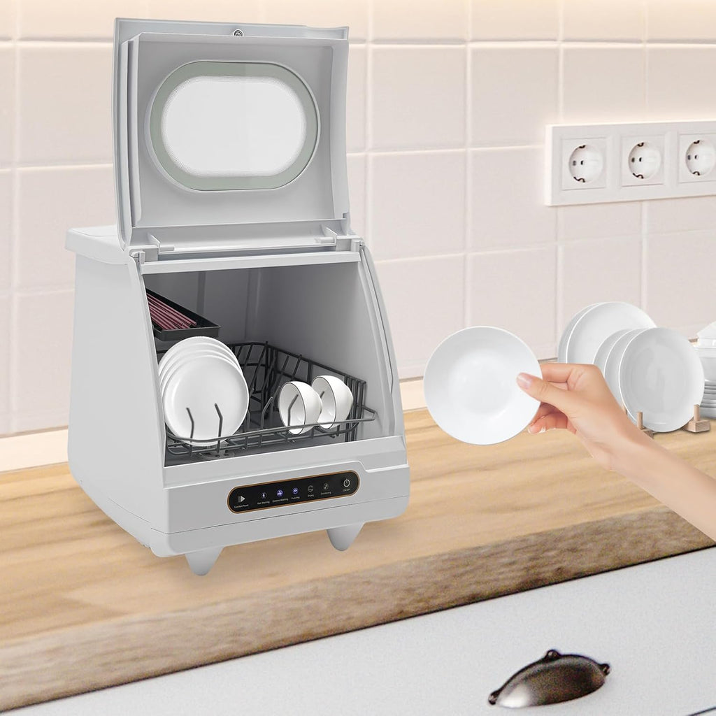 800W Portable Countertop Dishwasher,5 Washing Modes, Mini Dishwasher with 5L Water Tank,161.6℉ High-Temp, No Installation Needed, Compact Dish Washing Machine for 4-6 Sets Tableware (Type C - White)