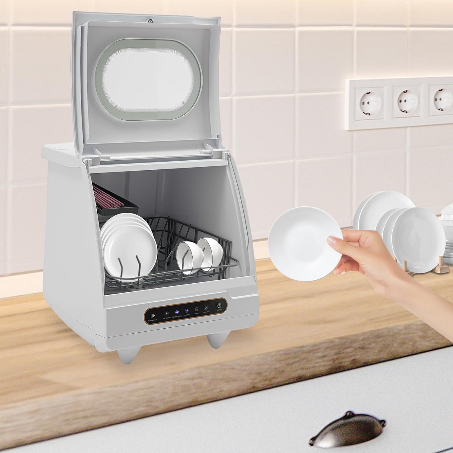 800W Portable Countertop Dishwasher,5 Washing Modes, Mini Dishwasher with 5L Water Tank,161.6℉ High-Temp, No Installation Needed, Compact Dish Washing Machine for 4-6 Sets Tableware (Type C - White)