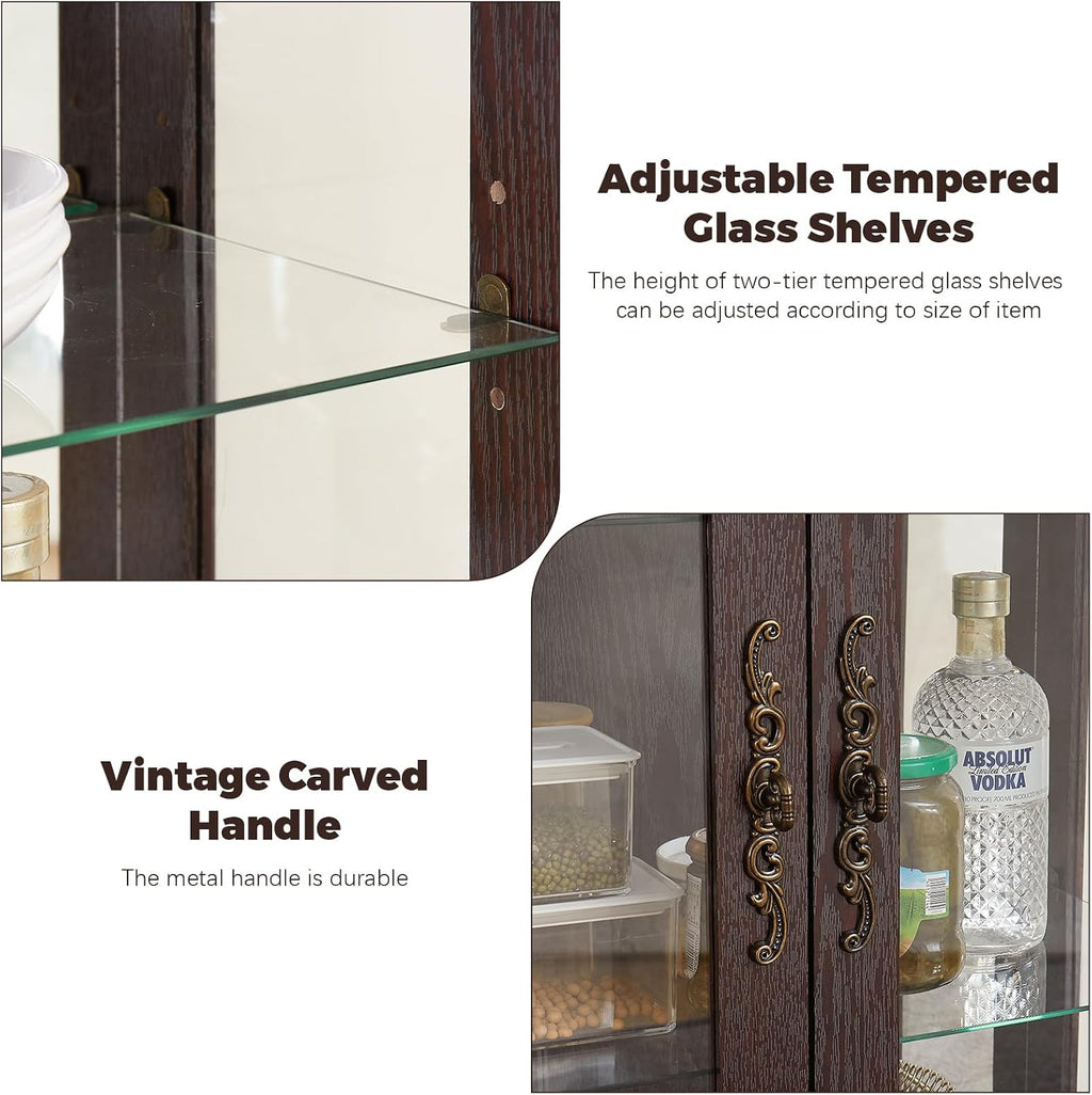Display Cabinet with Glass Doors Drawer, Lighted Curio Cabinet with Adjustable Glass Shelves and Mirrored Back Panel, Retro Floor Standing Storage Cabinets for Living Room, Cherry