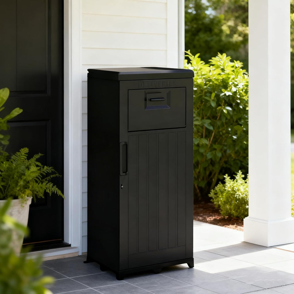 Package Delivery Box for Outside, Large Parcel Drop Box, Lockable Waterproof Resin Anti-Theft Outdoor Package Mailbox with Secure Storage for Porch, Curbside, House & Office Deliveries