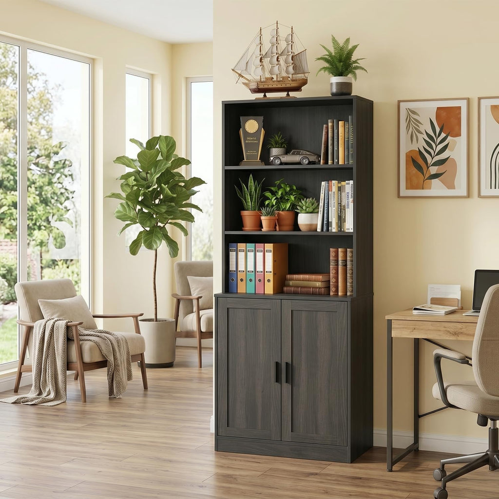 holzart 75' Tall Bookcase with Doors, 5 Tier Large Bookshelf with Cabinet, Standing Wood Display Book Shelf for Living Room, Office, Library with Doors, Dark Grey