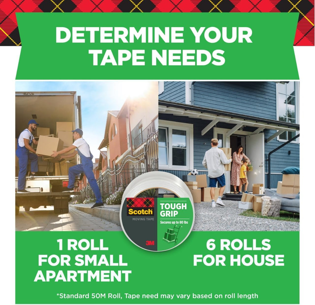Scotch Tough Grip Moving Packing Tape, Clear, Moving Tape that Secures Boxes up to 80 Pounds, 1.88 in. x 43.7 yd.| (Pack of 6)
