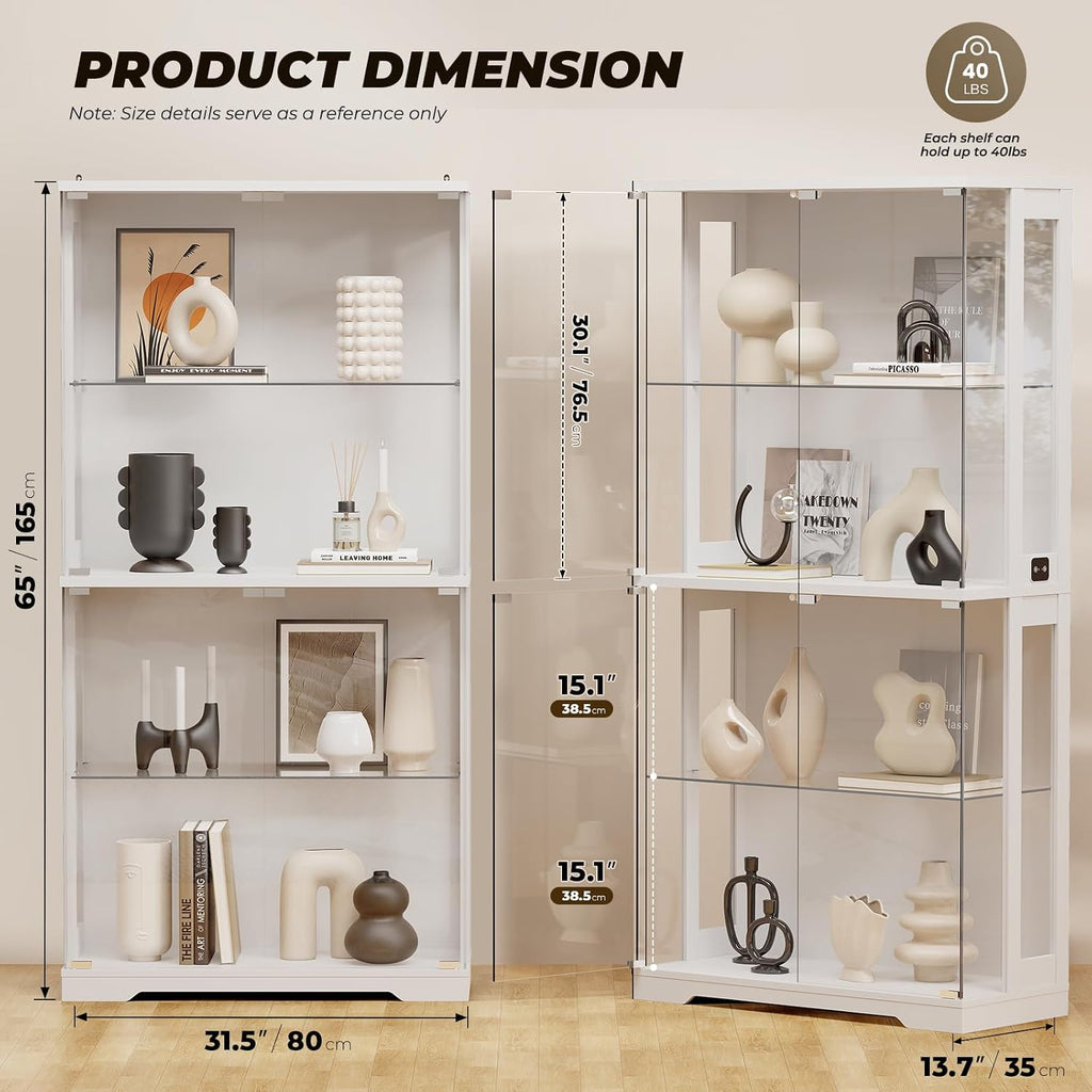 Display Cabinet with Glass Doors, 4-Tier Curio Cabinet with Transparent Full-Display Surface, 65' Glass Display Case with 3 Color Lights for Collectibles, Clear Case with Human Sensor White