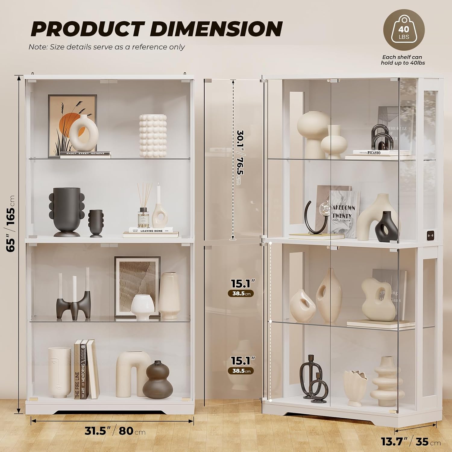 Display Cabinet with Glass Doors, 4-Tier Curio Cabinet with Transparent Full-Display Surface, 65' Glass Display Case with 3 Color Lights for Collectibles, Clear Case with Human Sensor White