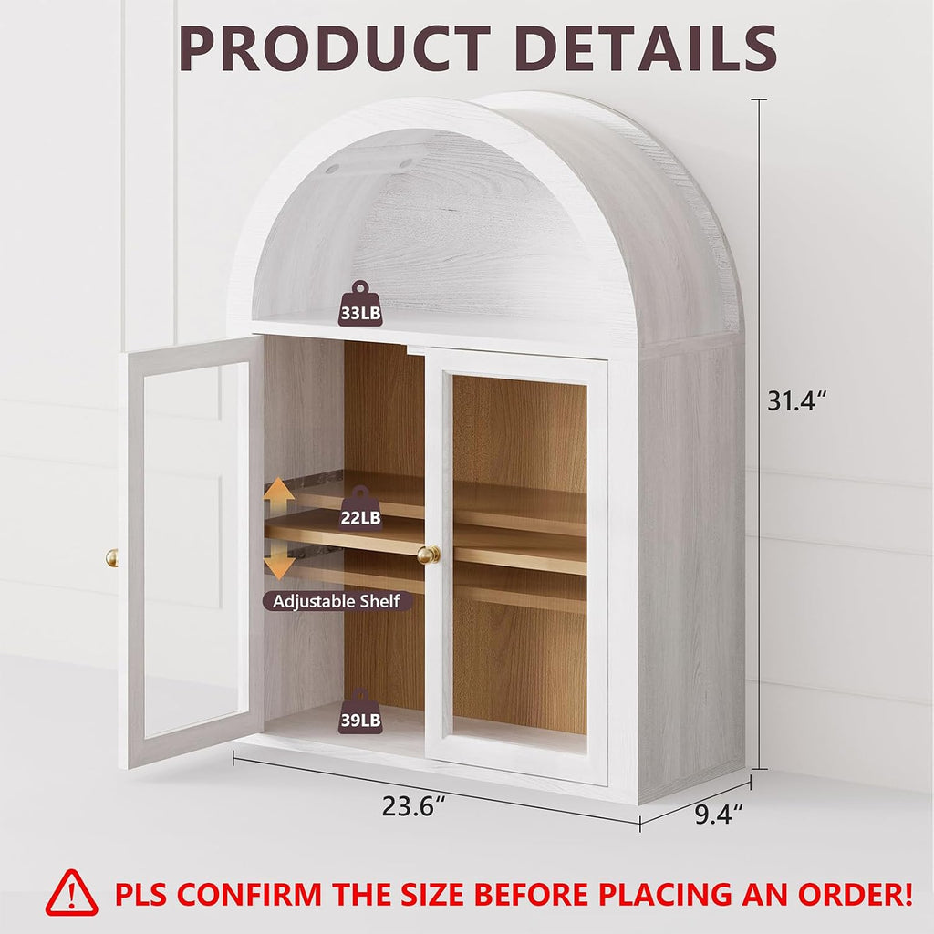 NEWOWNDS Arched Wall Cabinet,Glass Display Wall Mounted Cabinet with Tempered Glass Doors, Floating Cabinet with Adjustable Shelves for Bathroom,Living Room, Kitchen