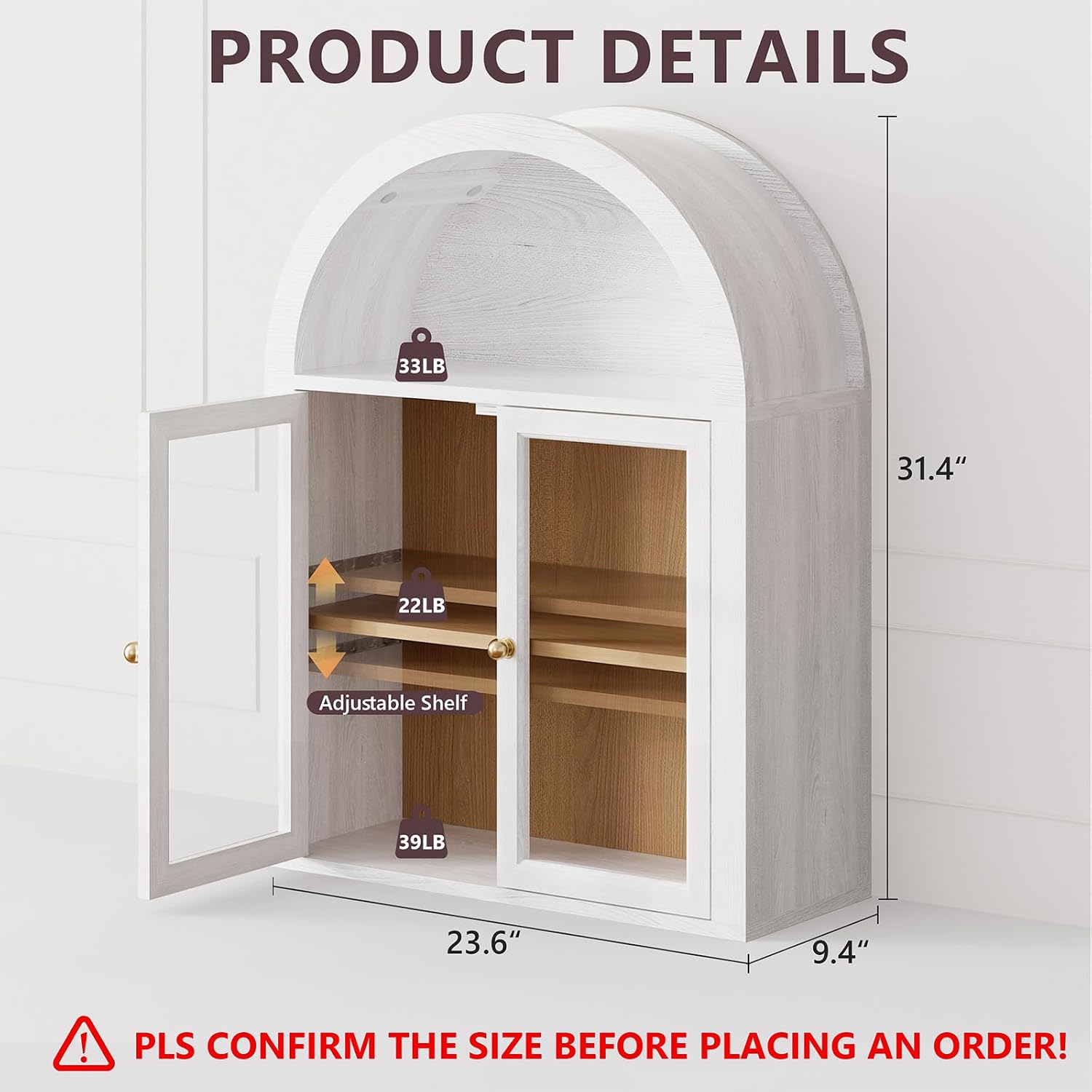 NEWOWNDS Arched Wall Cabinet,Glass Display Wall Mounted Cabinet with Tempered Glass Doors, Floating Cabinet with Adjustable Shelves for Bathroom,Living Room, Kitchen