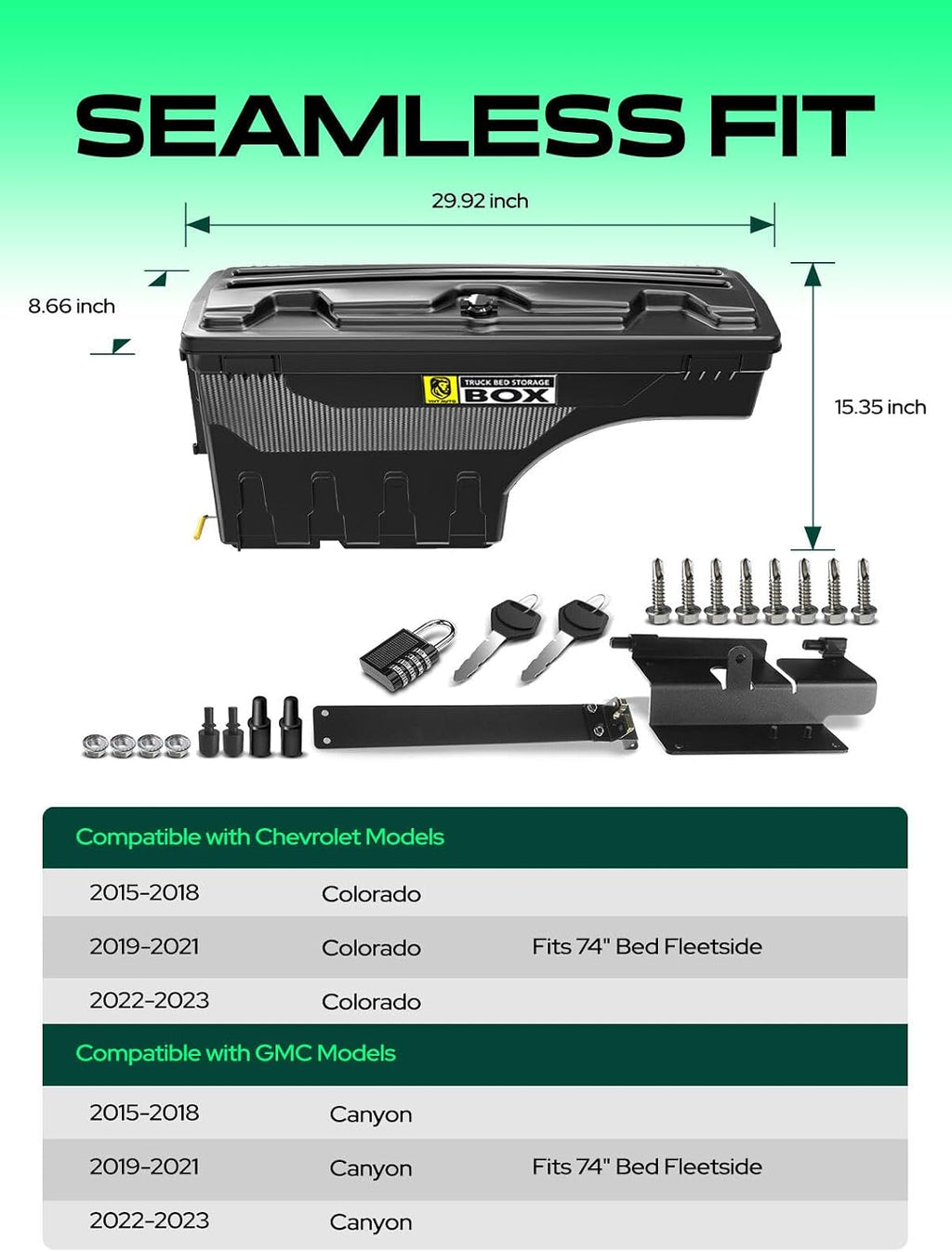 YHTAUTO Driver Side Truck Bed Storage Tool box Compatible with 2015-2023 Chevrolet Colorado & GMC Canyon, 2019-2021 Fits 74' Bed, Lockable Swing Waterproof Wheel Well Toolbox