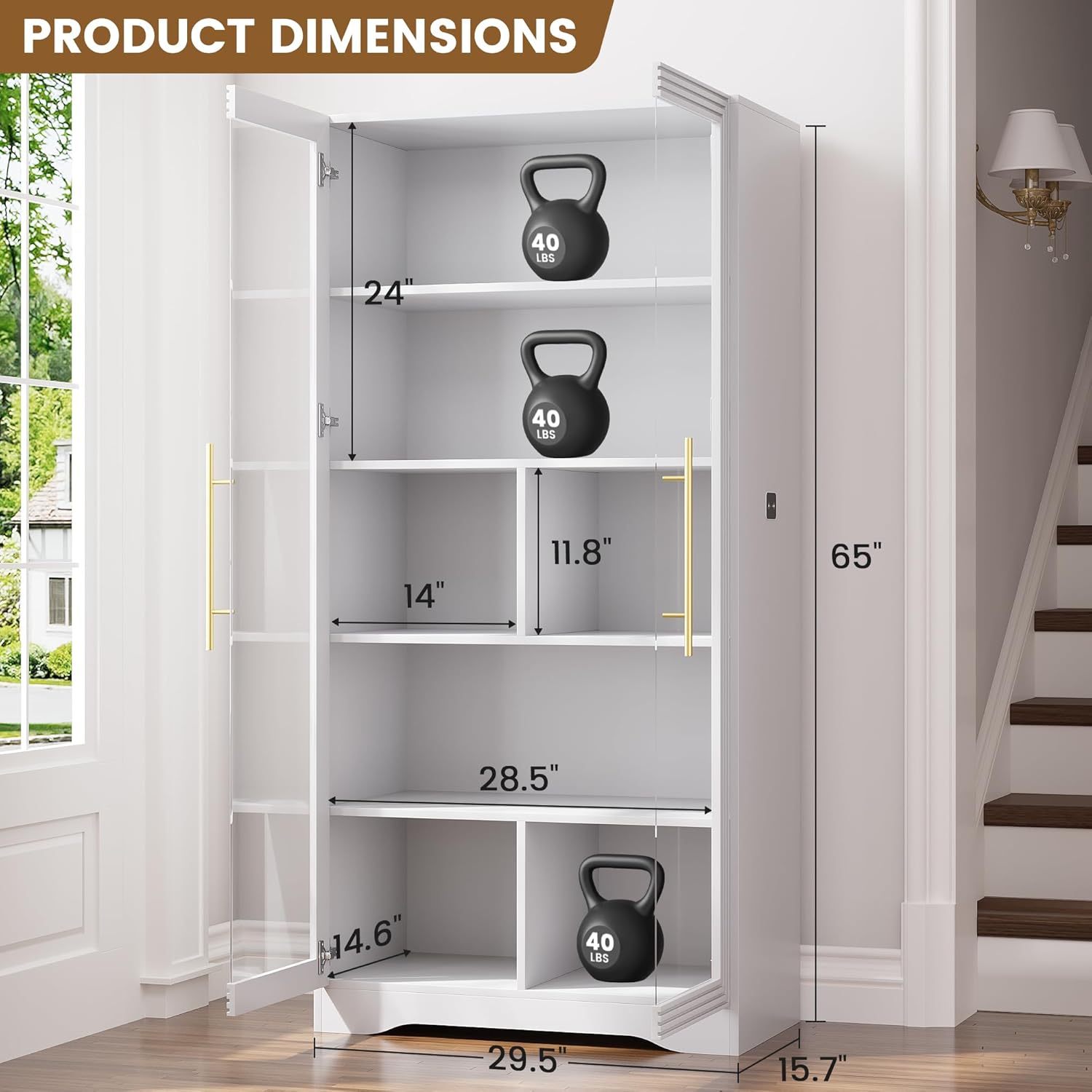 LVSOMT Display Cabinet with Glass Doors and Adjustable Shelves, 65' Tall Bookcase with LED Lights and Human Sensor, 5 Tier Display Case for Collectibles with Storage, Home Office Living Room, White