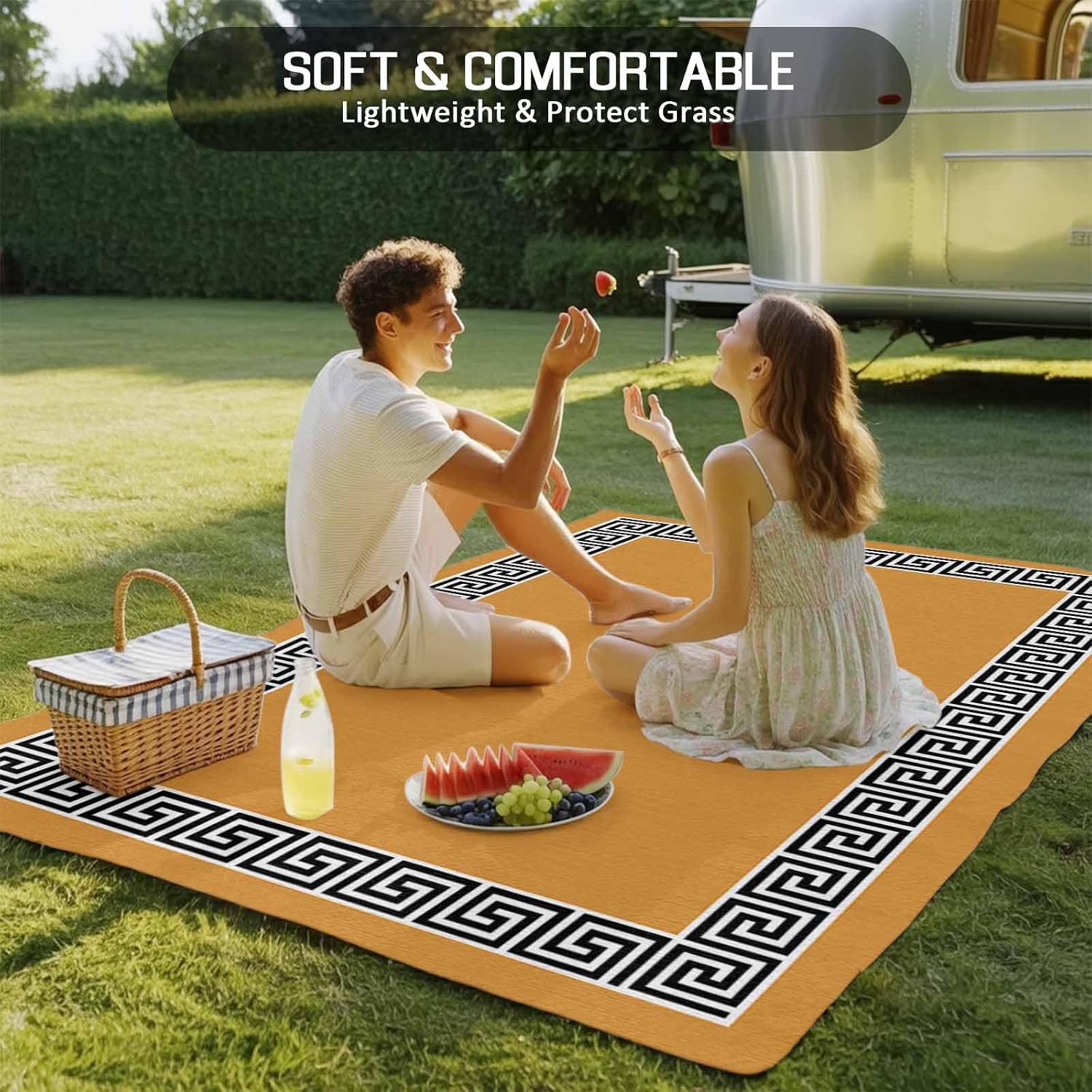 Outdoor Rug 4x6ft Modern Greek Geometric Art on Orange Patio Area Rugs Waterproof Easy Cleaning Non Shedding Thick Mats Geometric Carpet for Indoor Outdoor Porch Deck Backyard Balcony