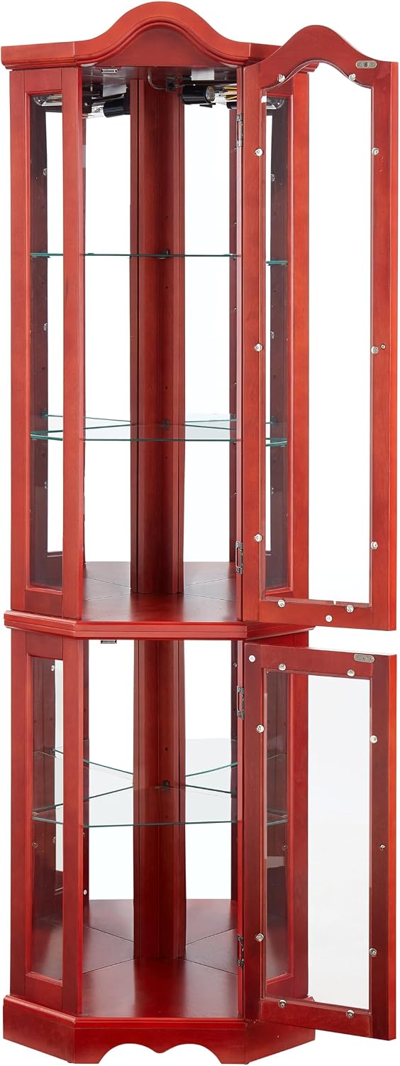 Classic Corner Curio Cabinet with Lights, Glass Display Cabinet for Living Room - Adjustable Tempered Glass Shelves, Wall Mountable, Cherry Finish (Cherry)
