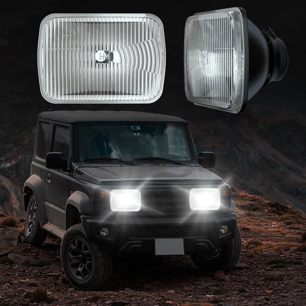 7x6 inch H6054 Super Vision Crystal Headlight Square Glass Lens Housing + H4 High Low Sealed Beam Headlight Lamp for Cars, Truck and Van, 4 PCS
