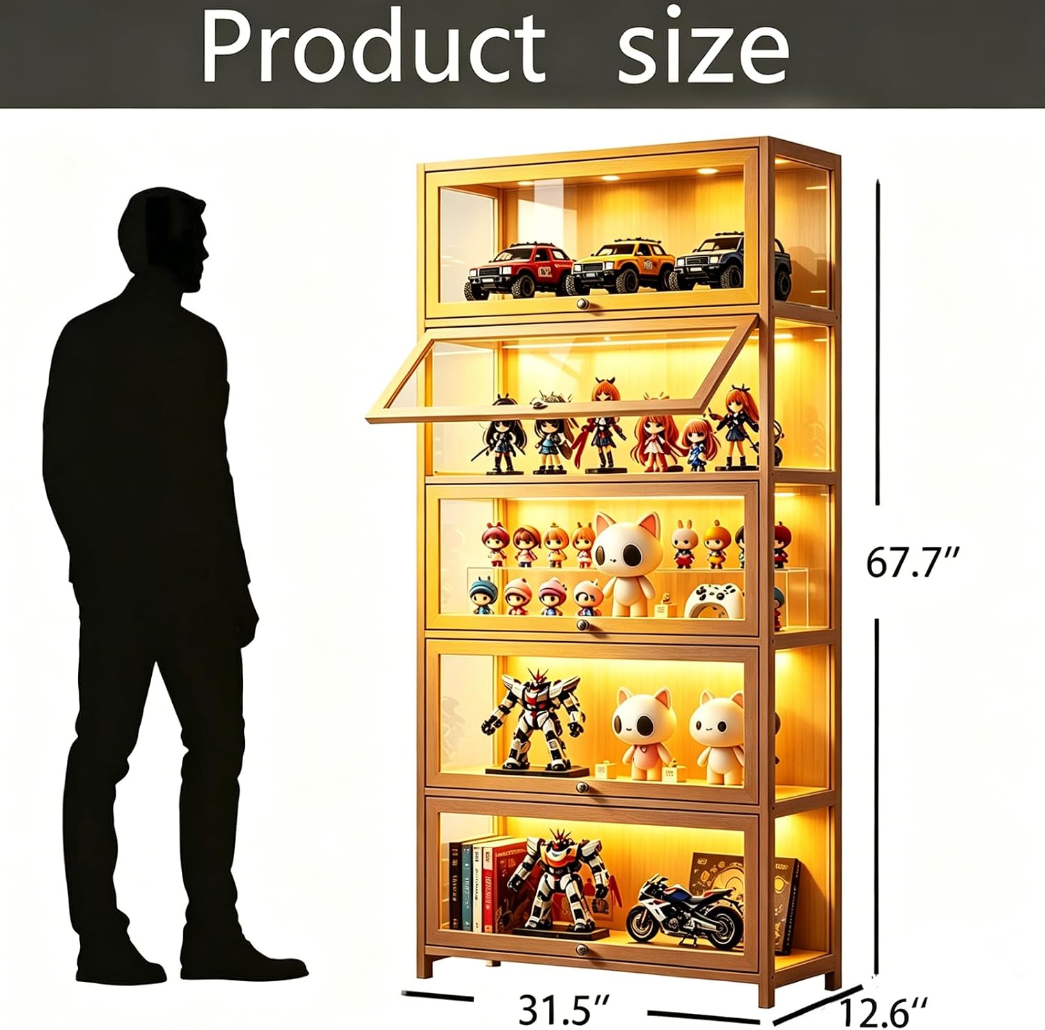Curio Display Cabinet with Acrylic Glass Door, 5-Tier Display Case, Curio Cabinet & Bookcase for Collectibles, Display Shelf for Home, Reading Nook, Playroom, Living Room