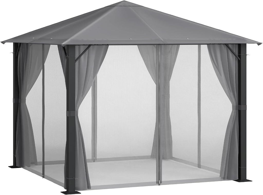 Outsunny 10' x 10' Patio Gazebo, Outdoor Gazebo Canopy Shelter with Netting & Curtains, Vented Roof, for Garden, Lawn, Backyard and Deck, Black
