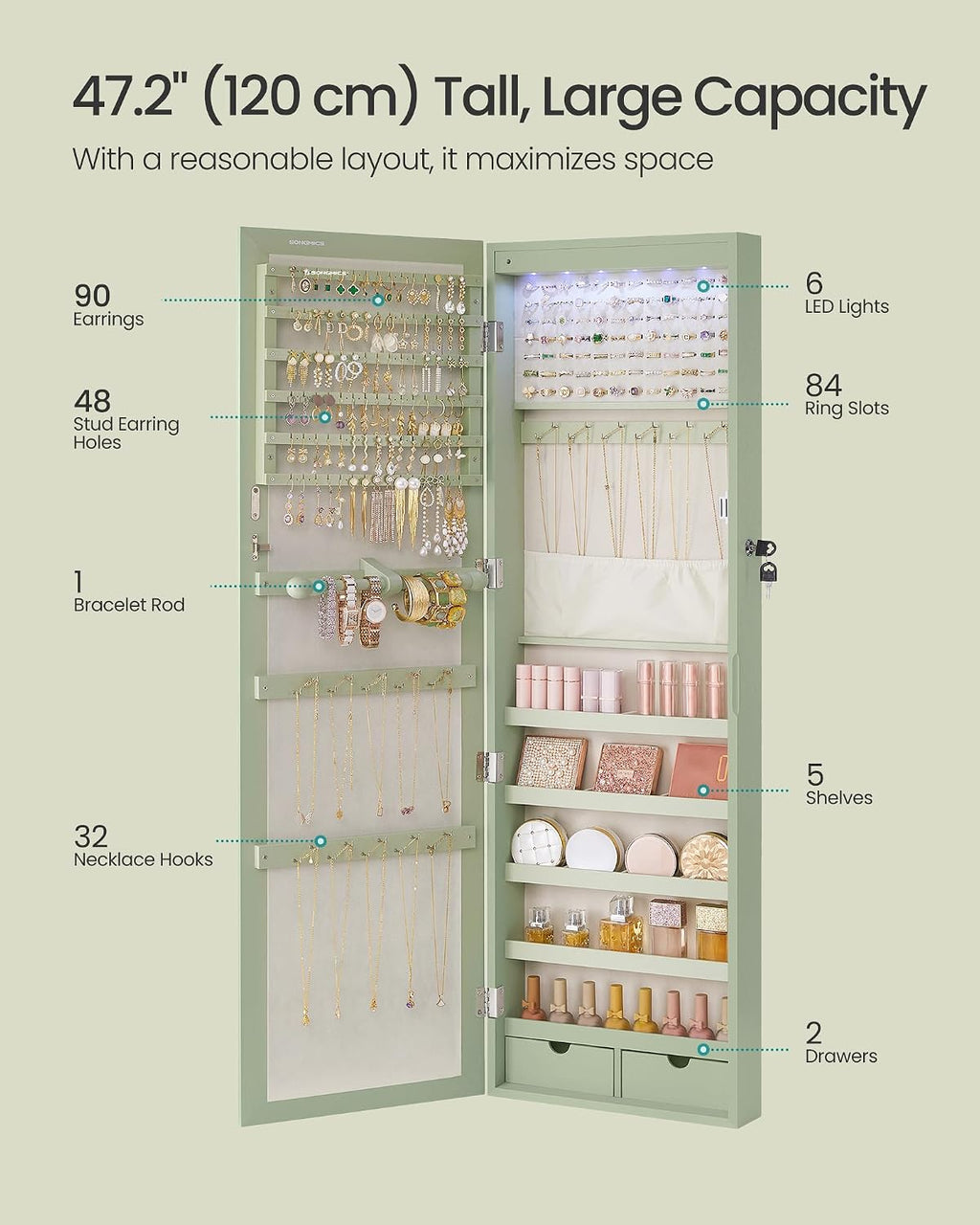 SONGMICS 6 LEDs Mirror Jewelry Cabinet, 47.2-Inch Tall Lockable Wall or Door Mounted Jewelry Armoire Organizer with Mirror, 2 Drawers, 3.9 x 14.6 x 47.2 Inches, Laurel Green UJJC093C01
