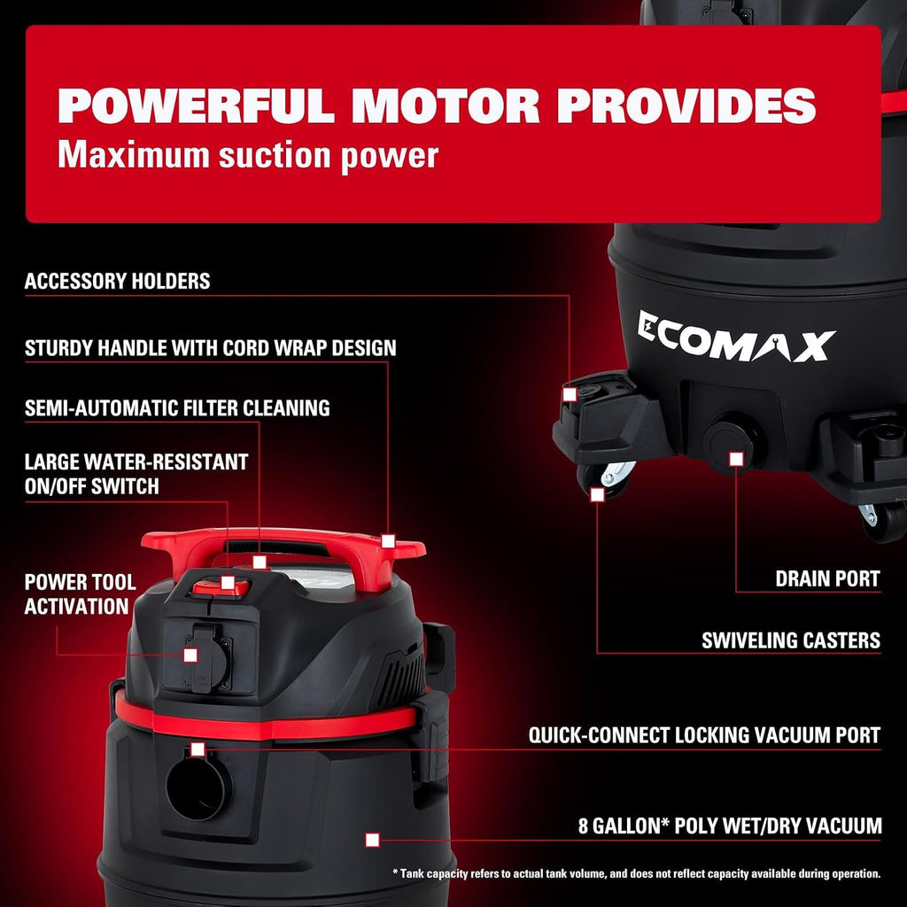 ECOMAX Dust Extractor, Shop Vac, Semi-Auto Filter Clean, 8 Gal 6.5 HP HEPA Wet Dry Vacuum, Anti-Static Hose, Power Tool Take-Off, Dust-Full Indicator, for Woodworking, Workshop and Garage