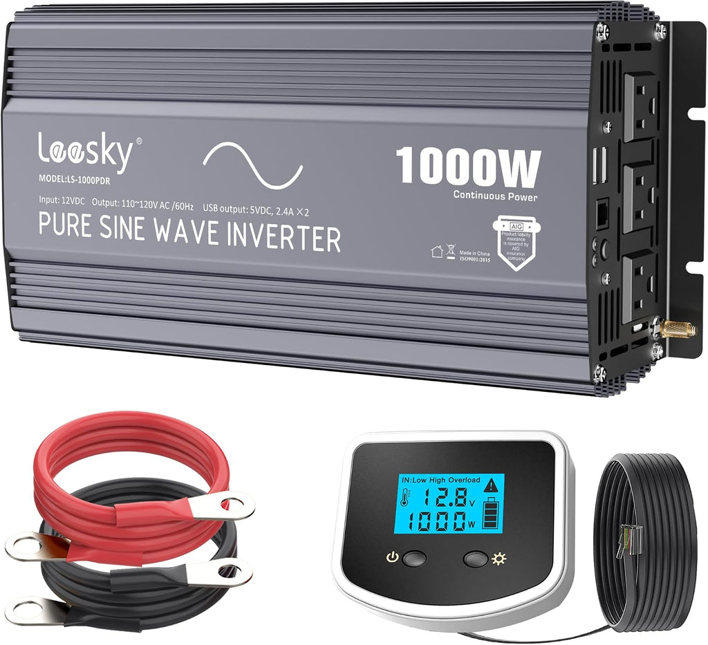 LEESKY 1000W Pure Sine Wave Power Inverter 12V DC to 120V AC Converter with LCD Remote Controller UL-Certified Fuses Compatible with Lithium Battery Starlink for Car RV Truck Solar Home Off-Grid Use