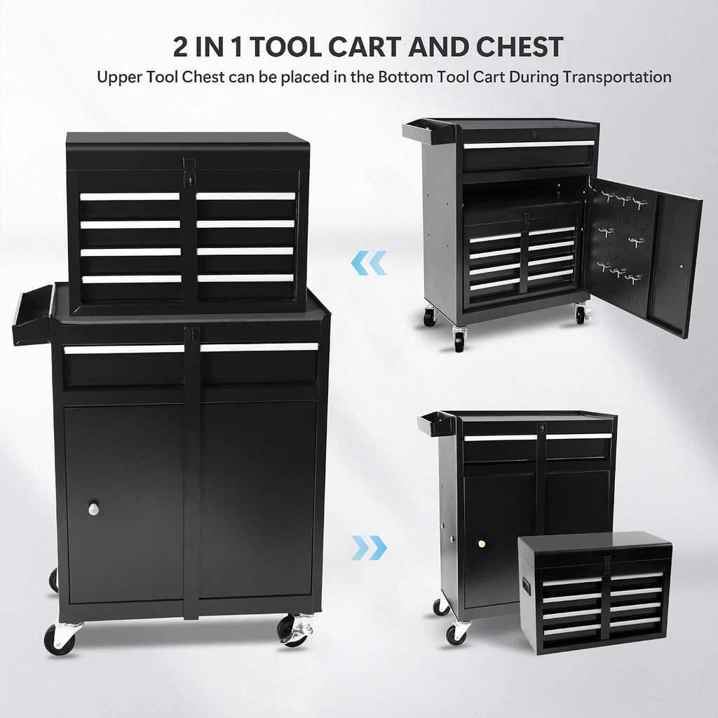 Rolling Garage Workshop Organizer Detachable 5 Drawer Tool Chest with Large Storage Cabinet and Adjustable Shelf, Black