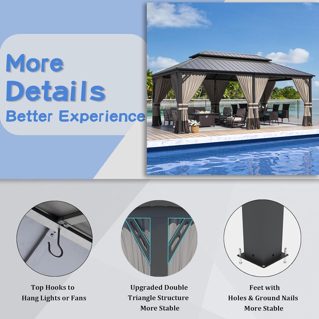 ALAULM 12'x20' Hardtop Gazebo, Outdoor Double Roof Canopy with Netting and Curtains, Galvanized Metal Frame, Sunshade for Patio, Backyard, Deck and Lawns-Sand