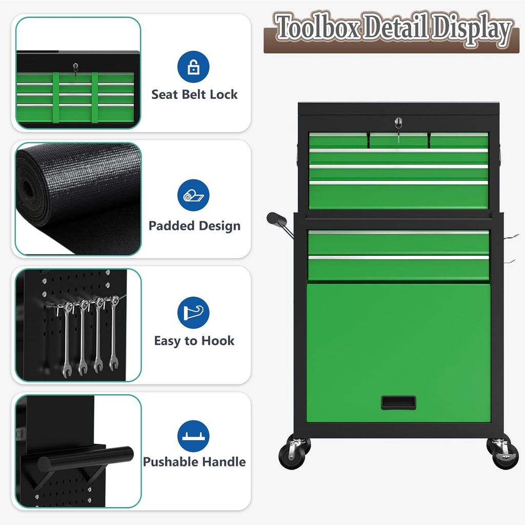 8 Drawer Tools Chest,42.9 inch Tool Cabinet with Universal Lockable Wheels，Organizable Tool Box with Detachable Top Box for Workshop，Blackgreen